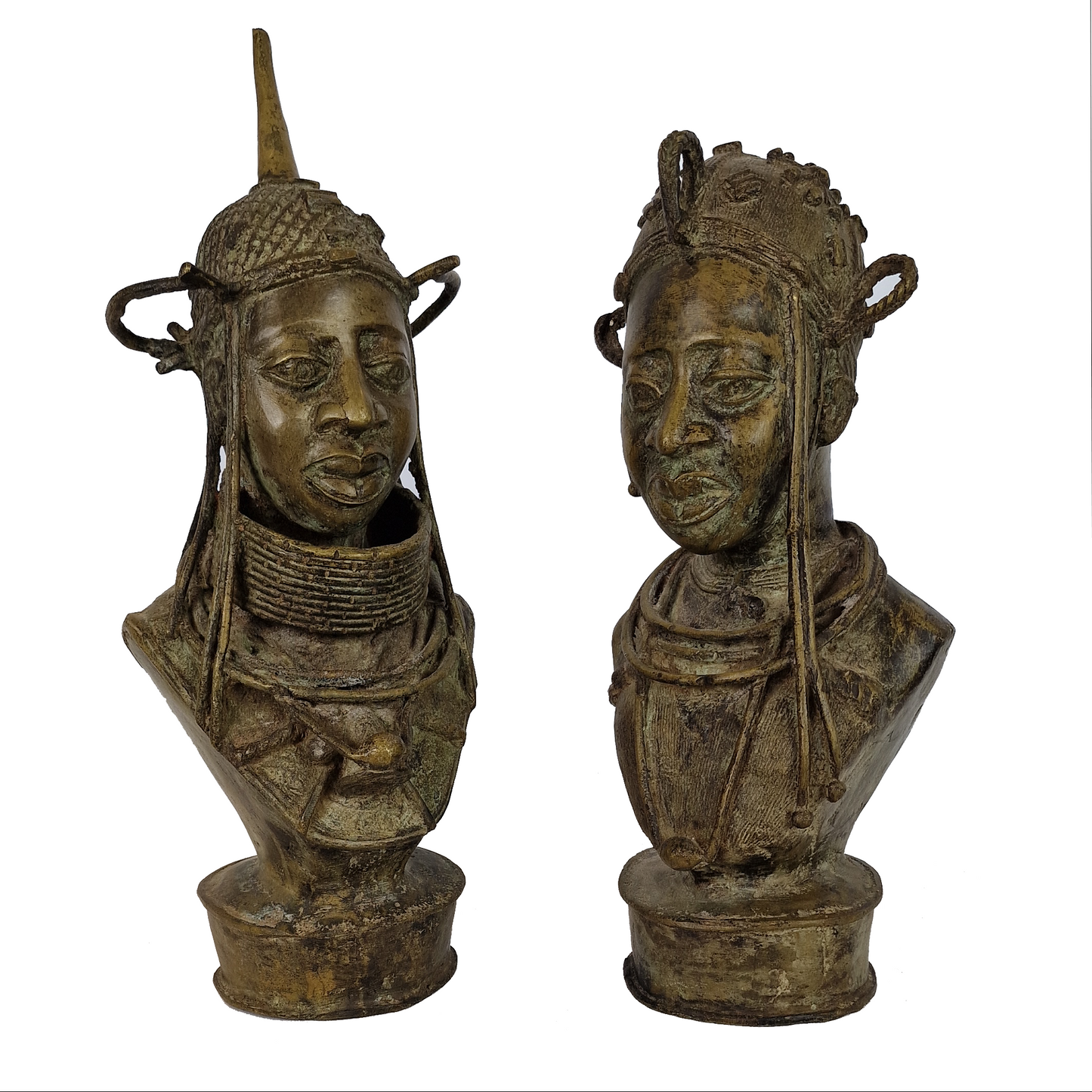 Benin King and Queen Bronze Busts Pair